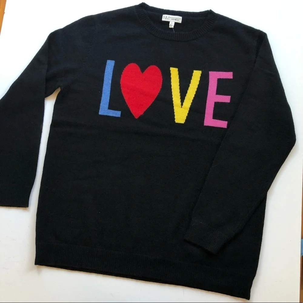 Neiman Marcus LOVE black crew neck cashmere sweater with rainbow graphic, Sz. L